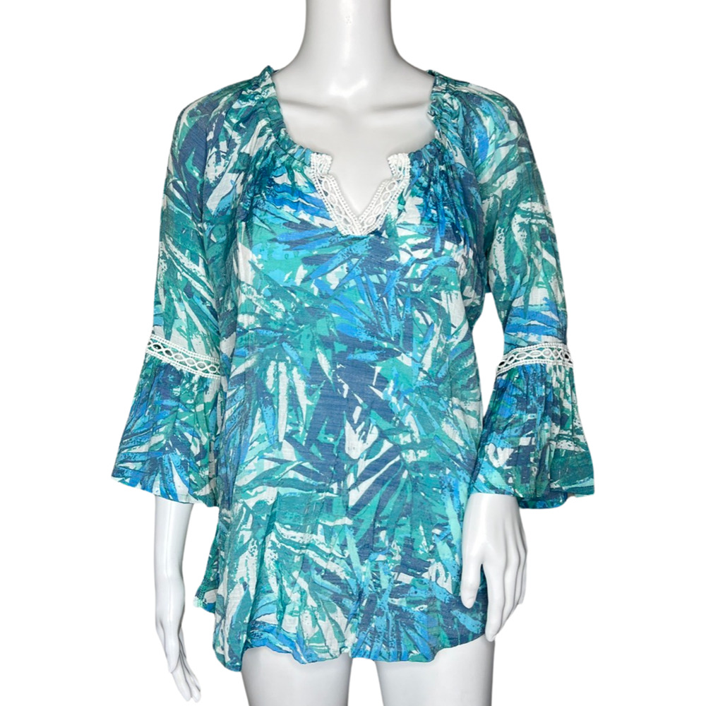 Ava & Grace Shirt Womens Small Blue White‎ Floral Botanical Tunic Boho Peasant